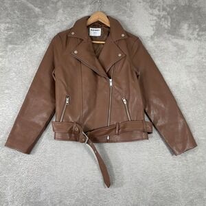 Old Navy Moto Jacket Womens Small Petite Brown Faux Leather Belted Biker